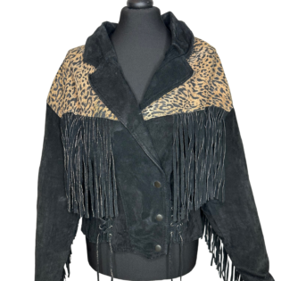Chia Black & Leopard Print Fringed Suede Leather Jacket