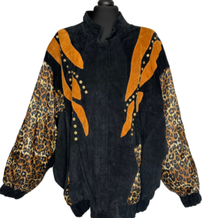 Suede Leather & Leopard Silk Patchwork Bomber Jacket