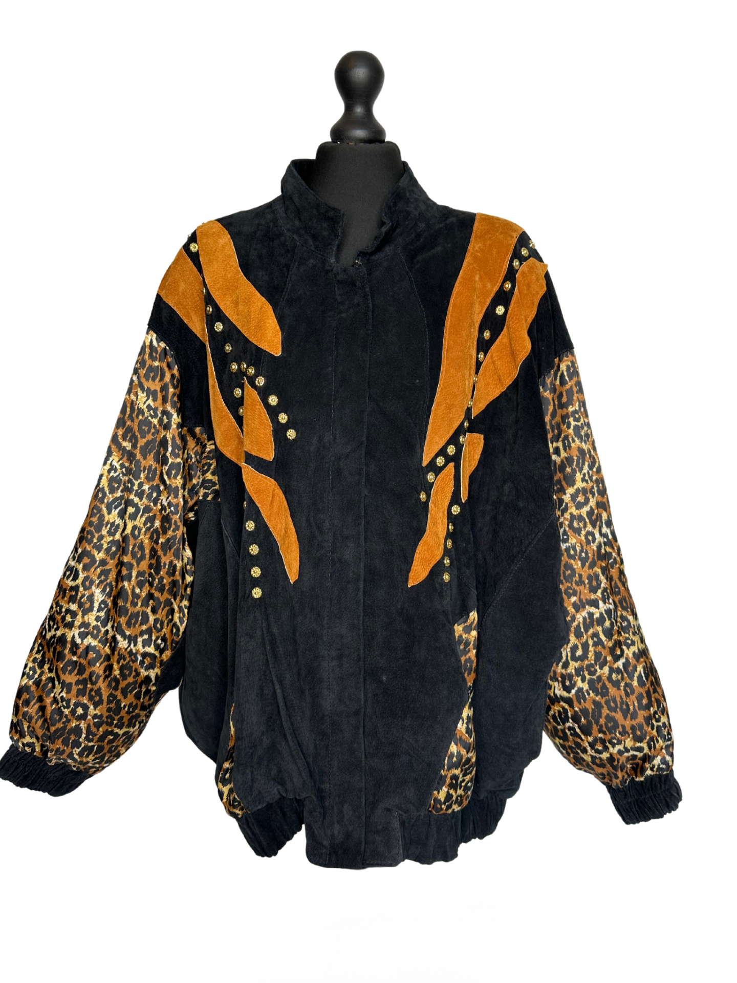 Suede Leather & Leopard Silk Patchwork Bomber Jacket