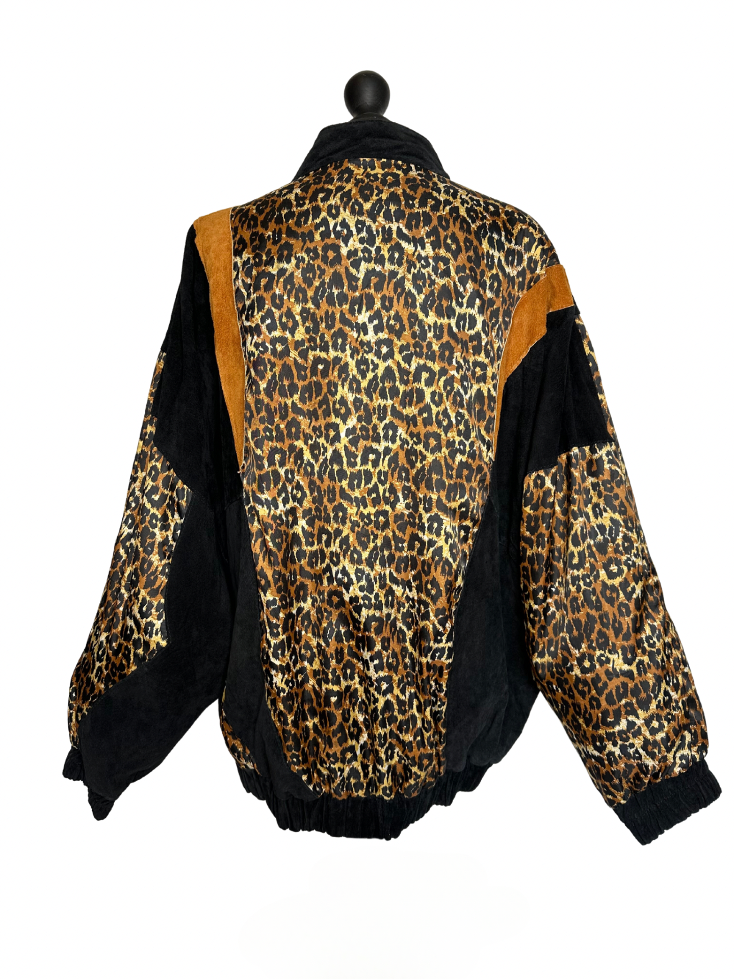 Suede Leather & Leopard Silk Patchwork Bomber Jacket - Image 2