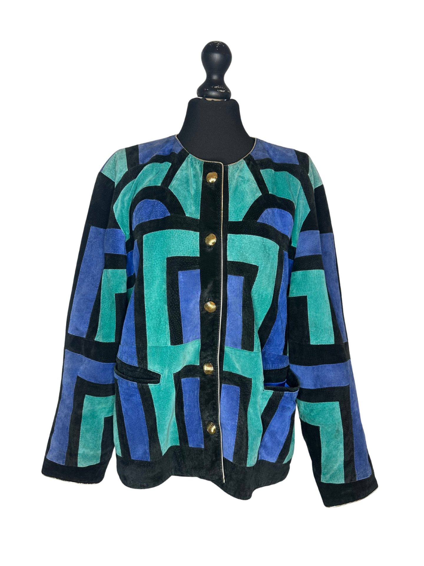 Vintage Colourful Colour Block Patchwork Suede Leather Jacket