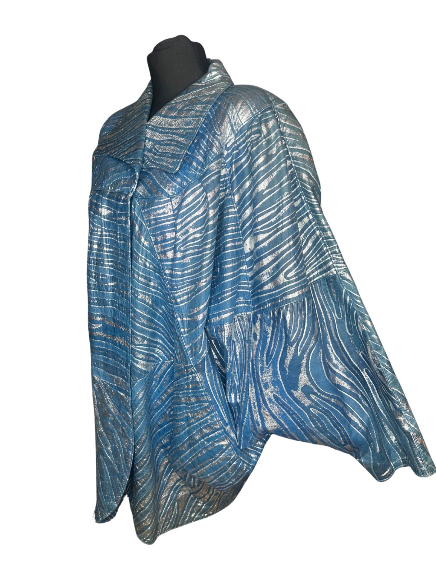 80s Blue & Silver Batwing Leather Jacket - Image 2