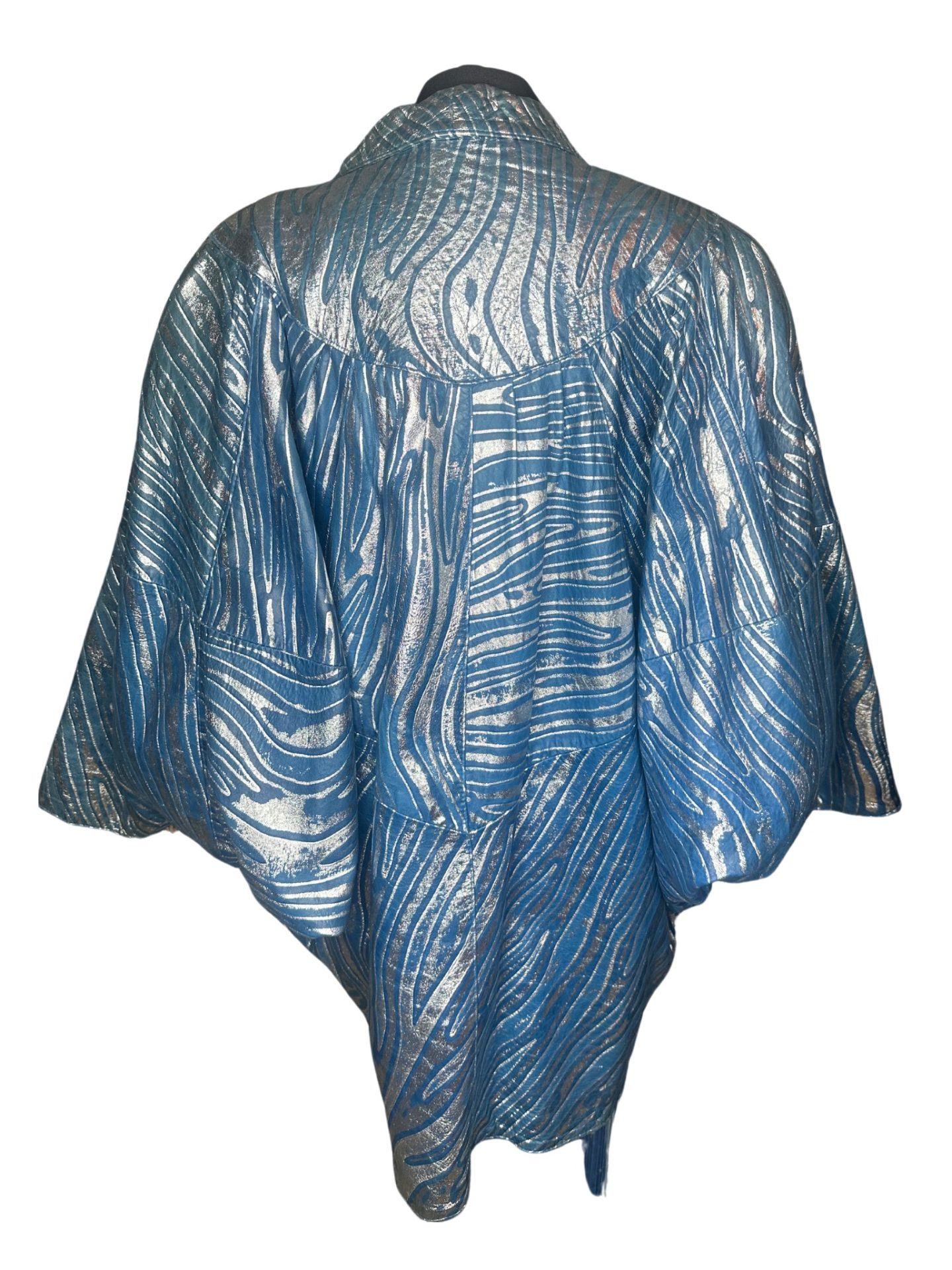 80s Blue & Silver Batwing Leather Jacket - Image 3