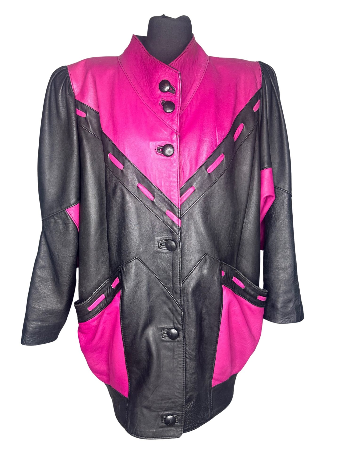 Black & Hot Pink Patchwork Vintage Leather Jacket