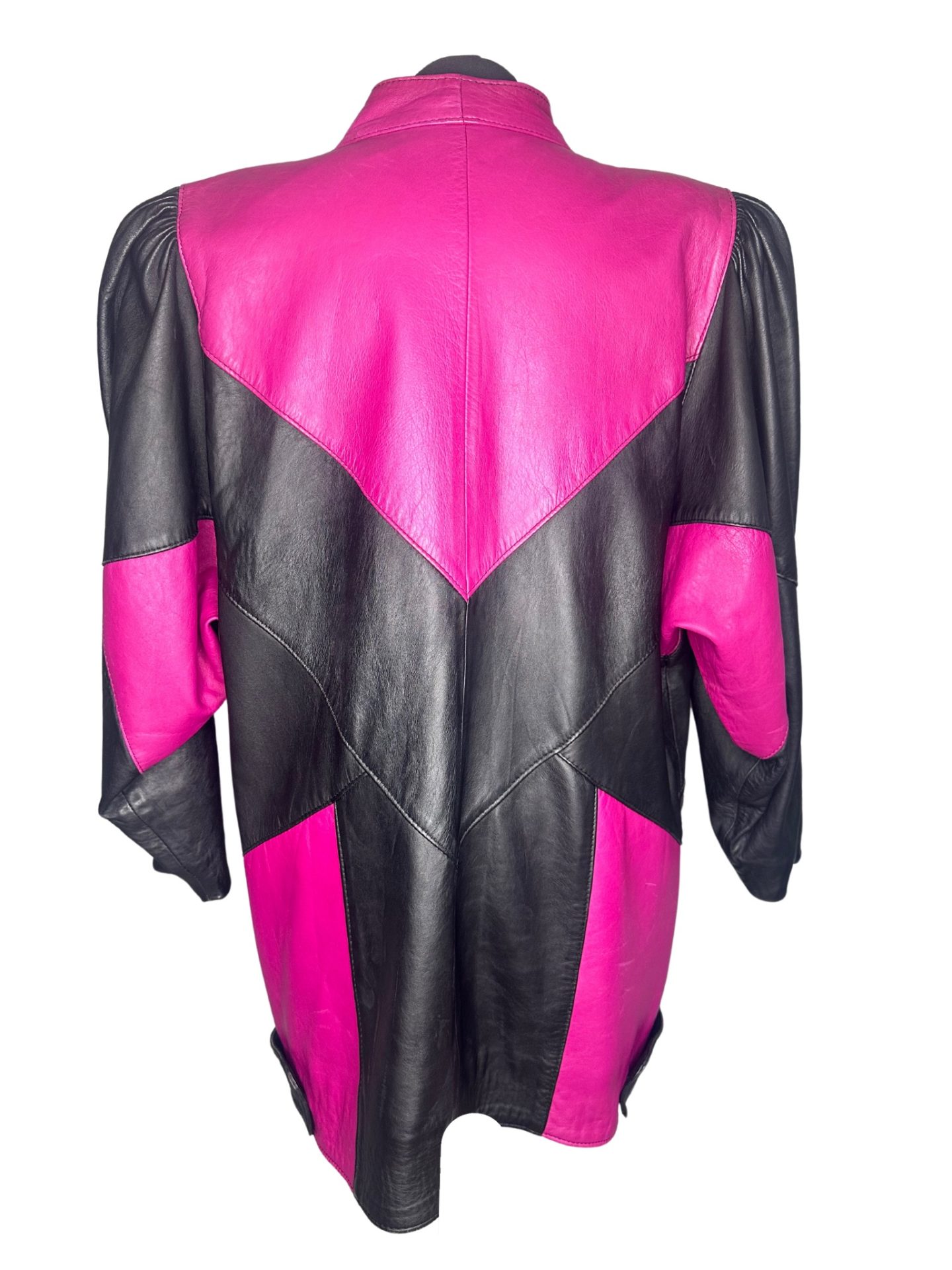Black & Hot Pink Patchwork Vintage Leather Jacket - Image 2