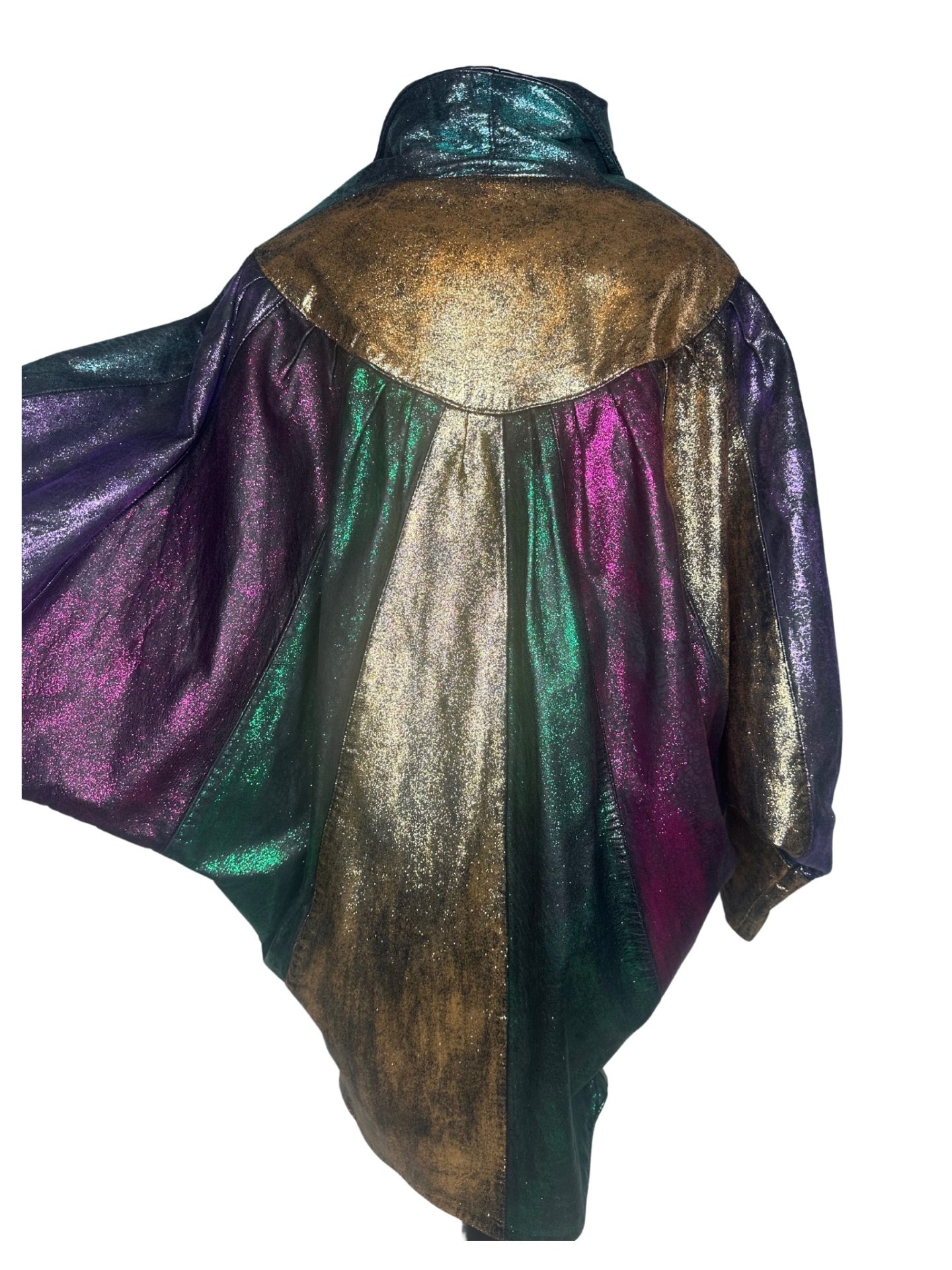 Glitter Patchwork Vintage Batwing Leather Jacket - Image 2