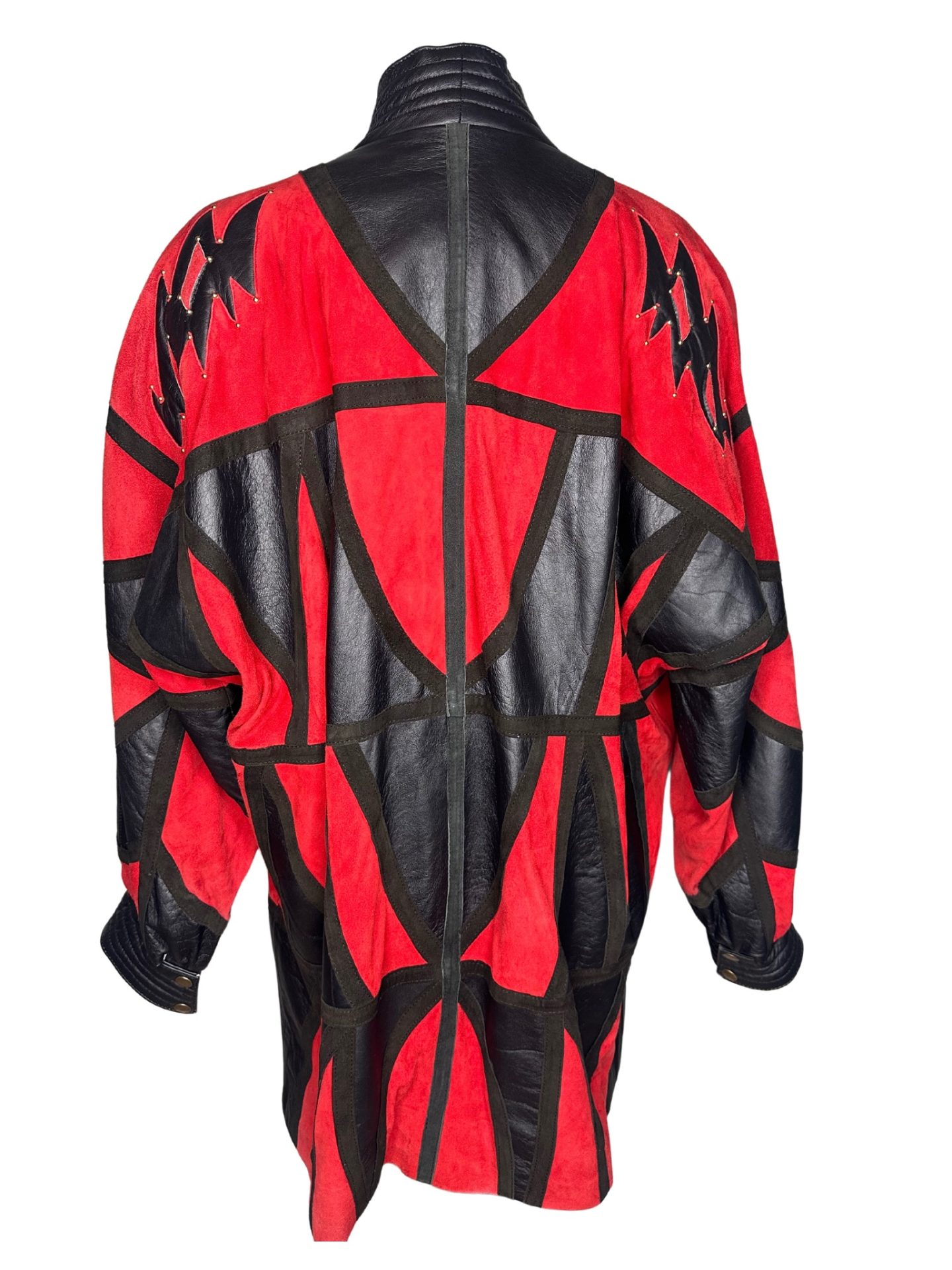 Black & Red Leather & Suede Patchwork Vintage Jacket - Image 2