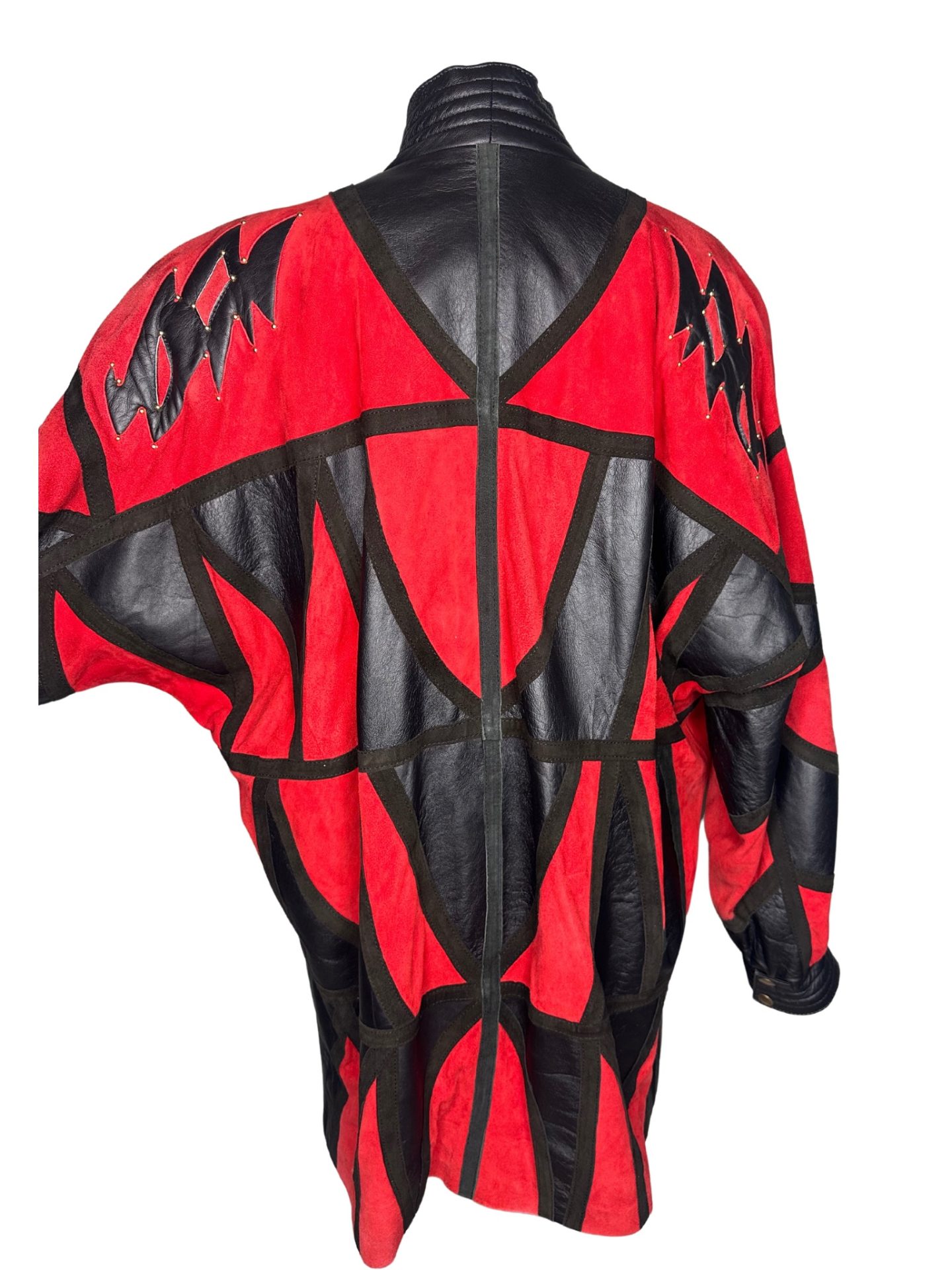 Black & Red Leather & Suede Patchwork Vintage Jacket - Image 3