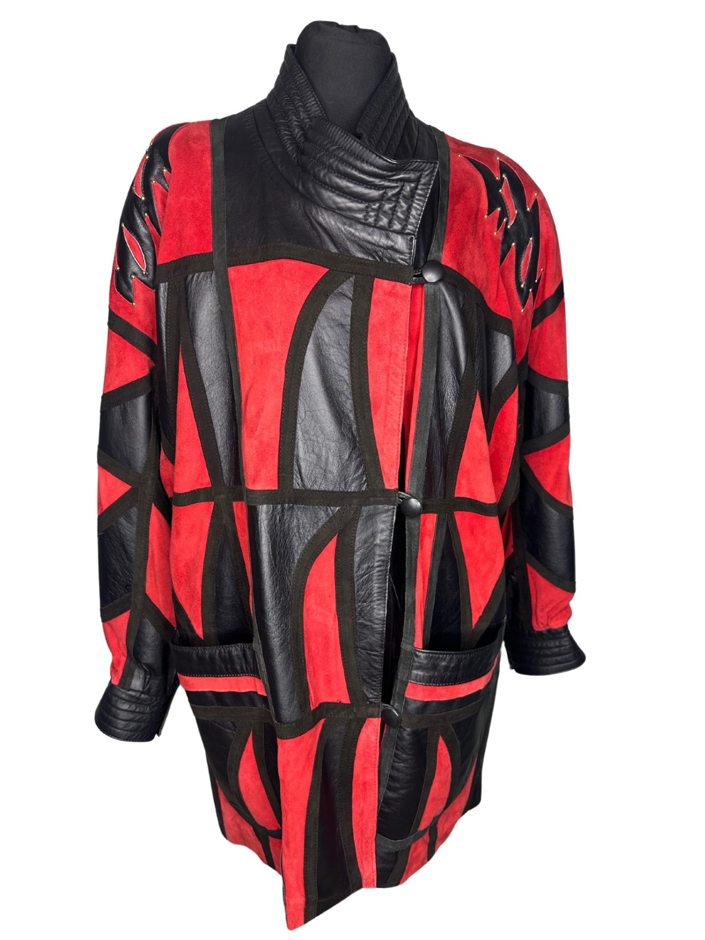 Black & Red Leather & Suede Patchwork Vintage Jacket