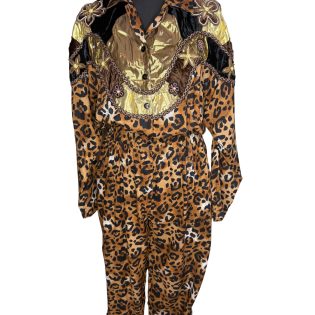 Leopard Print & Gold Lame, Velvet & Beaded Patchwork Jumpsuit