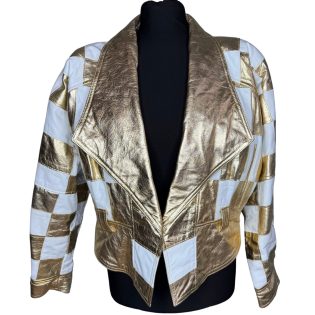 Cache 1980s Gold Checkered Vintage Leather Jacket