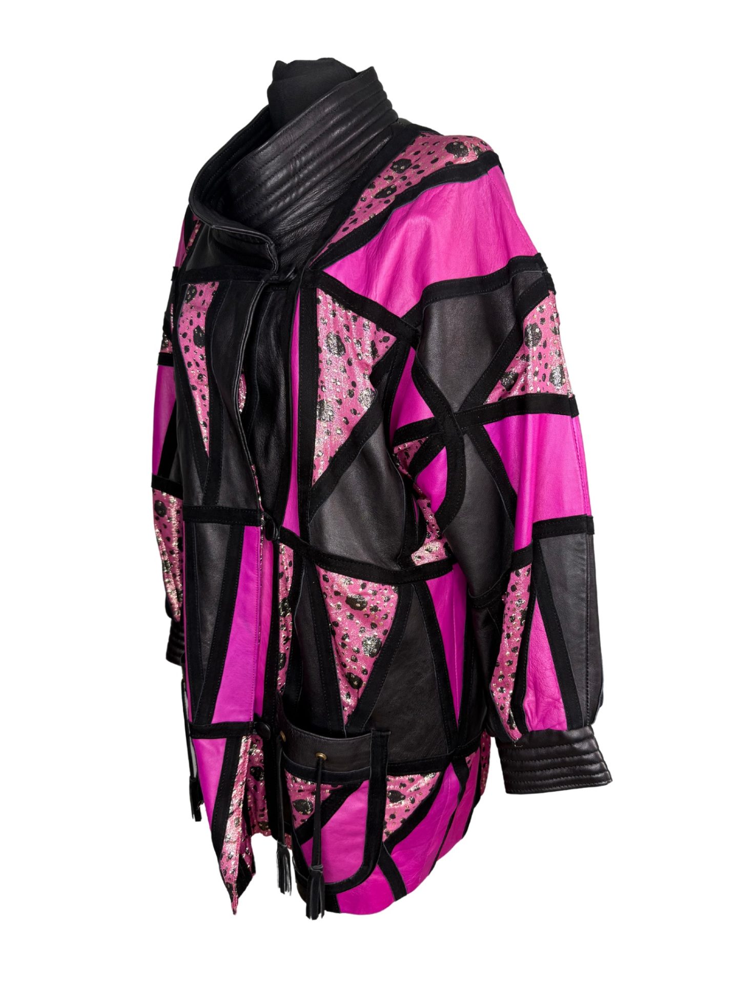 Pink Black & Silver Geometric Patchwork Leather Jacket - Image 3