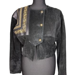Black & Gold Suede & Leather Patchwork Crop Jacket