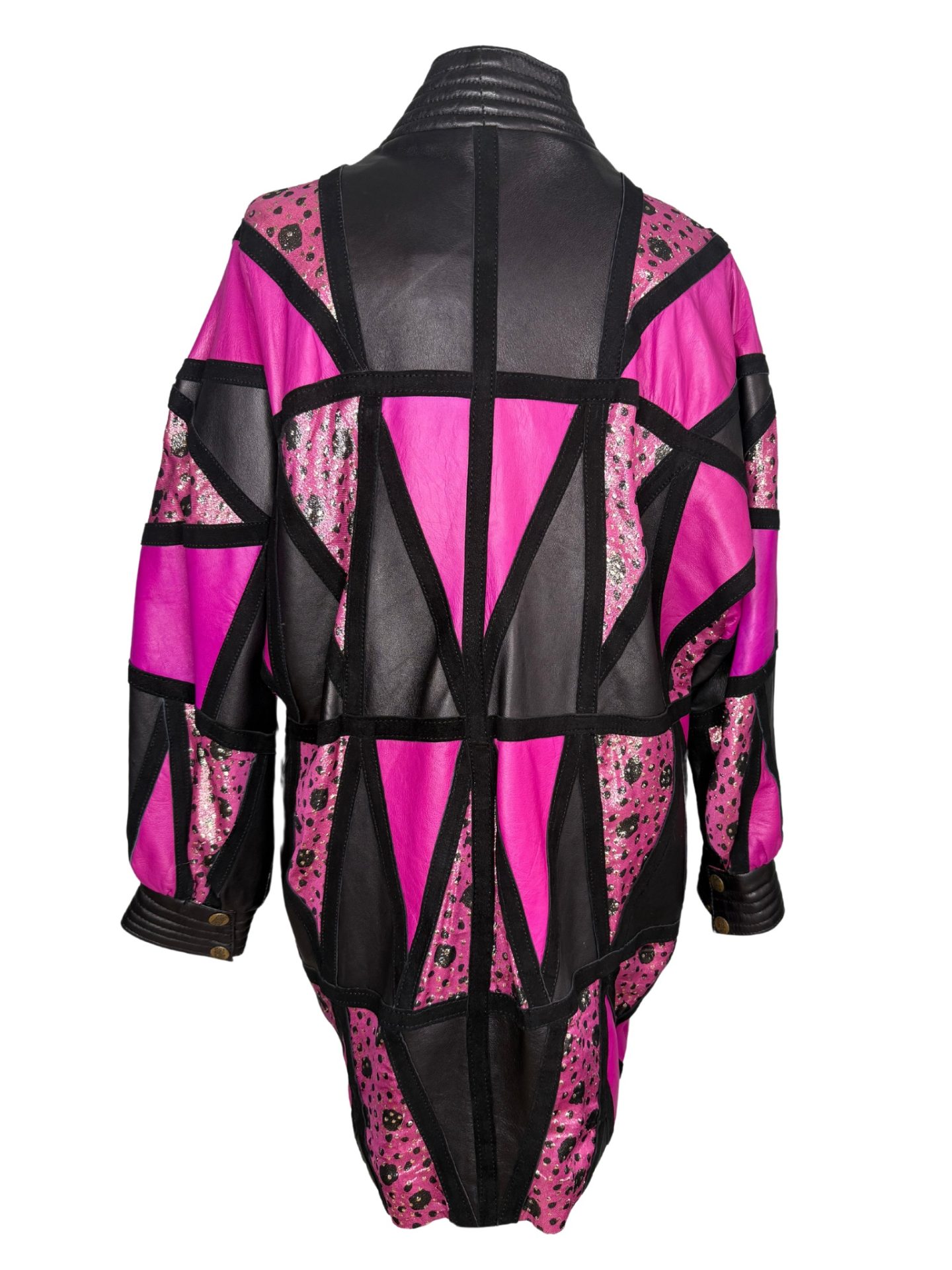Pink Black & Silver Geometric Patchwork Leather Jacket - Image 2