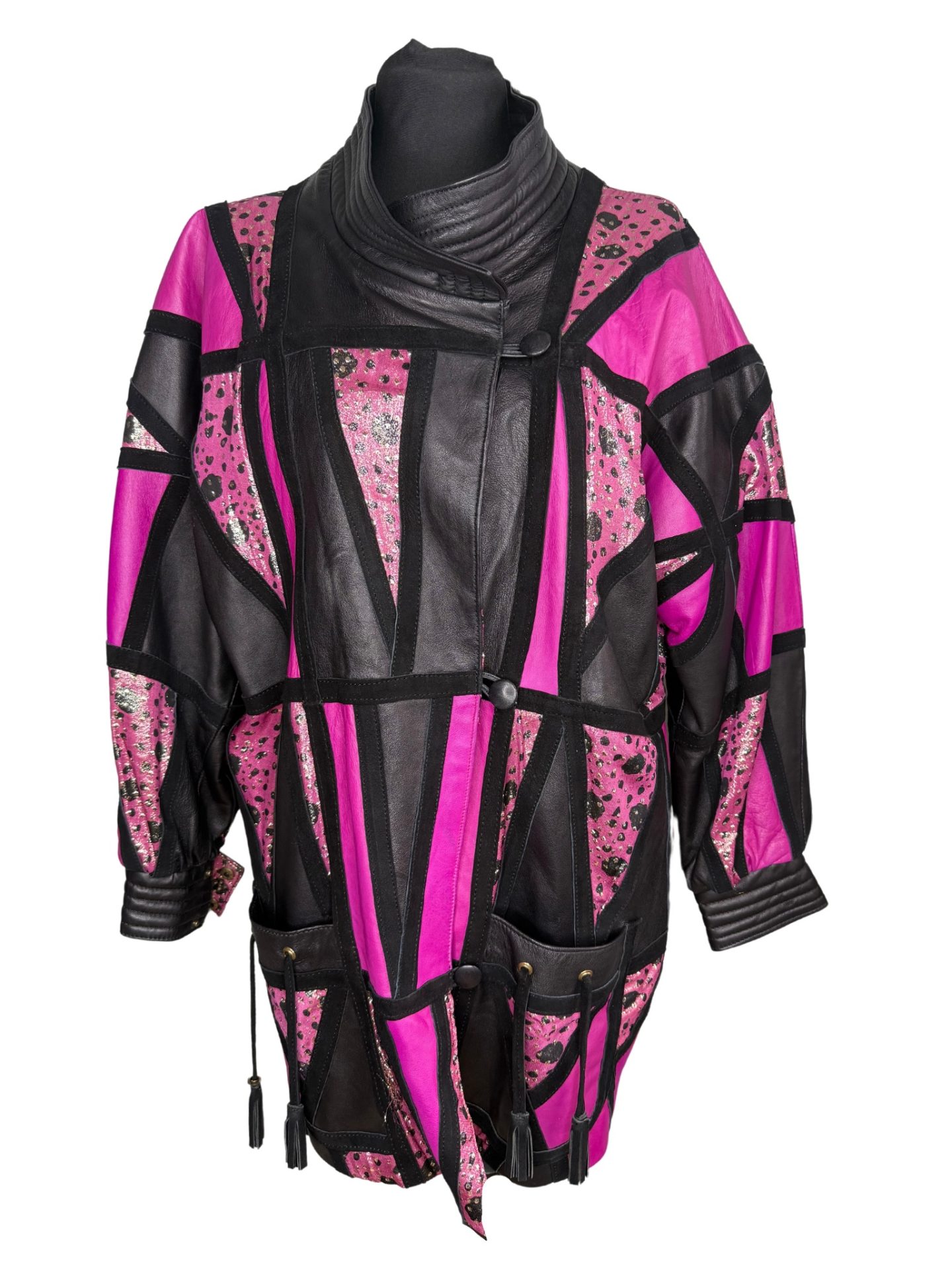 Pink Black & Silver Geometric Patchwork Leather Jacket