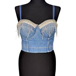 Denim Bralet with Silver Beaded Fringing