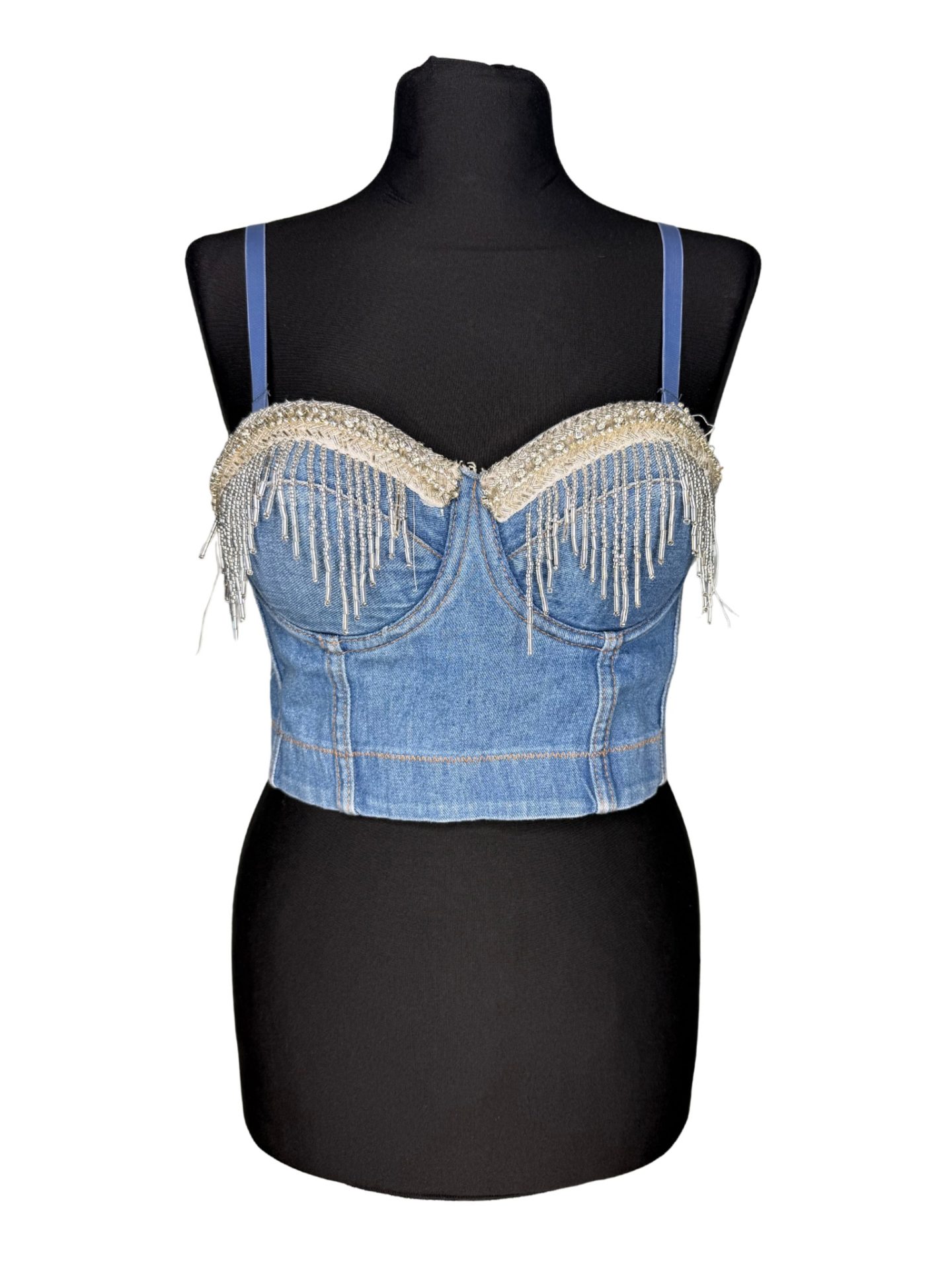 Denim Bralet with Silver Beaded Fringing