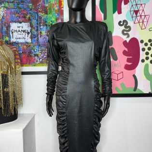1980s Black Wet Look Ruched Vintage Dress