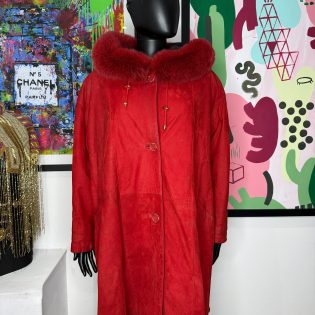 Red Suede & Fur Hooded Trim Vintage Coat