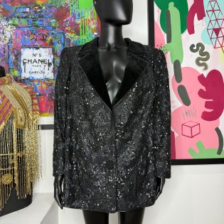A Black Sequin Embellished Velvet Lapel Blazer Jacket