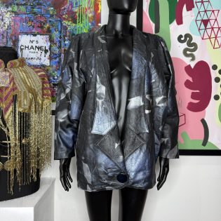 Blue Silver Abstract Batwing Leather Jacket