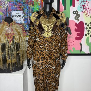 Gold Lame Patchwork & Leopard Print Disco Jumpsuit