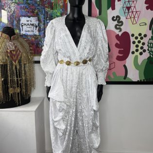1980s White Jacquard Draped Vintage Jumpsuit