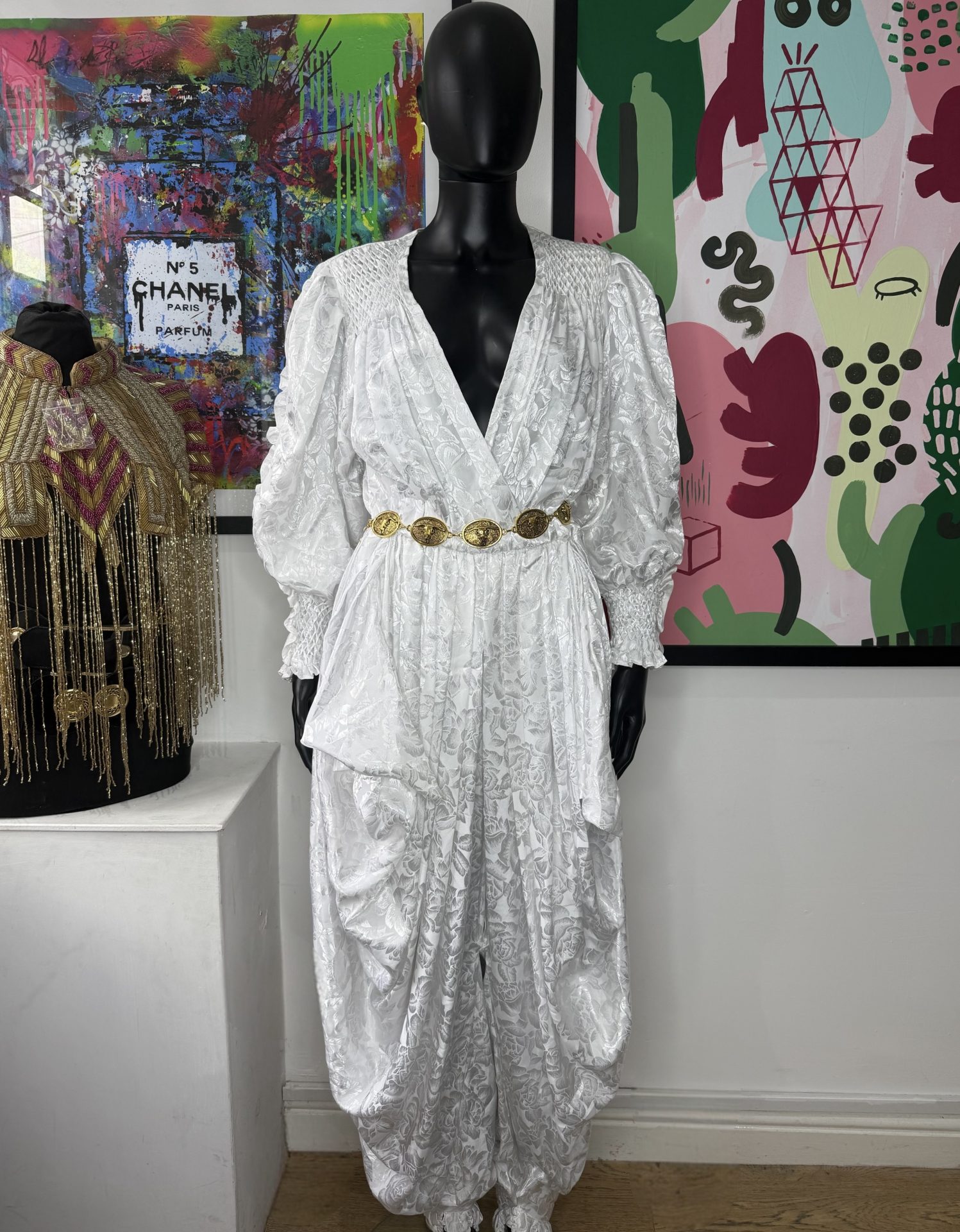 1980s White Jacquard Draped Vintage Jumpsuit