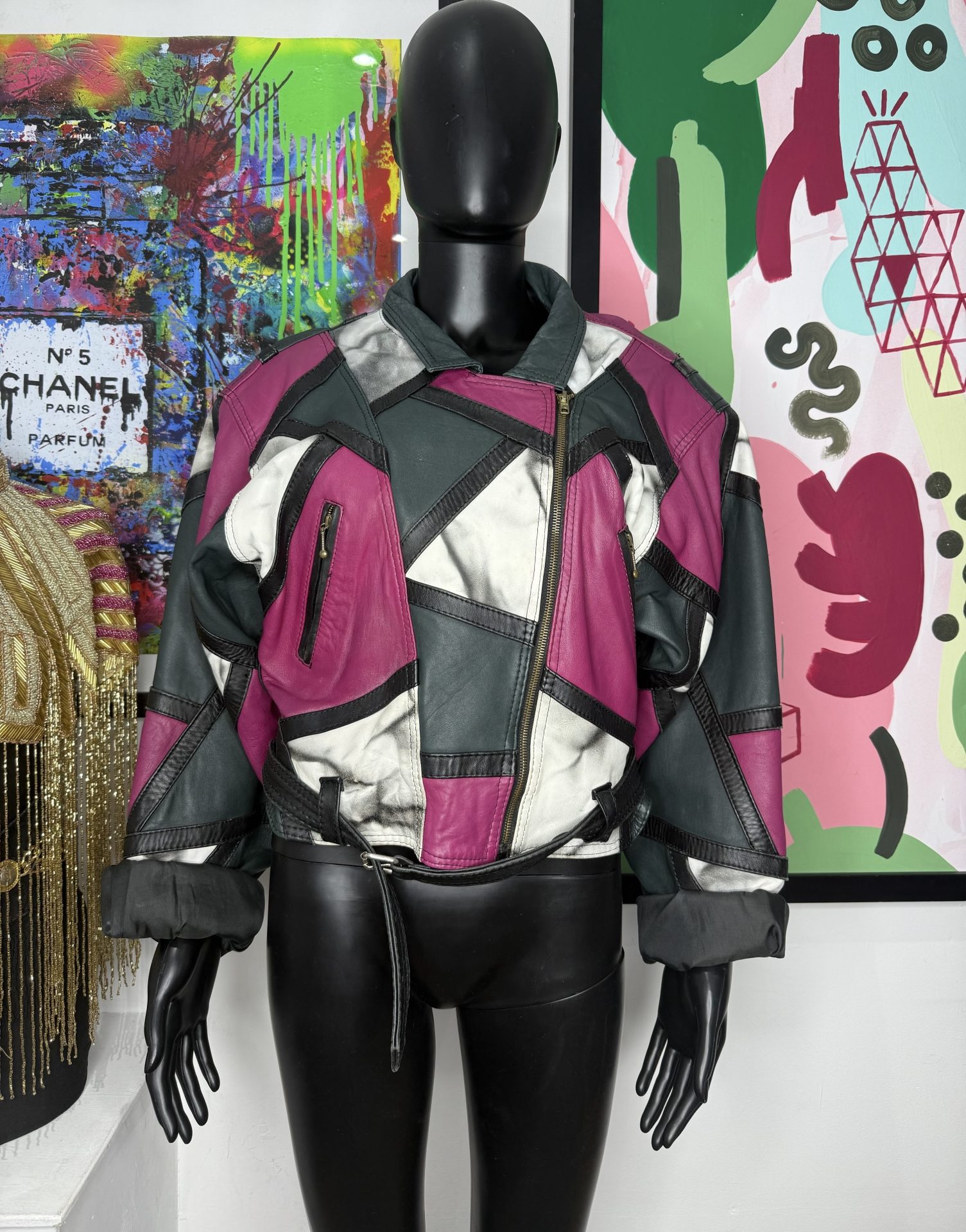1980s Patchwork Cropped Leather Biker Jacket