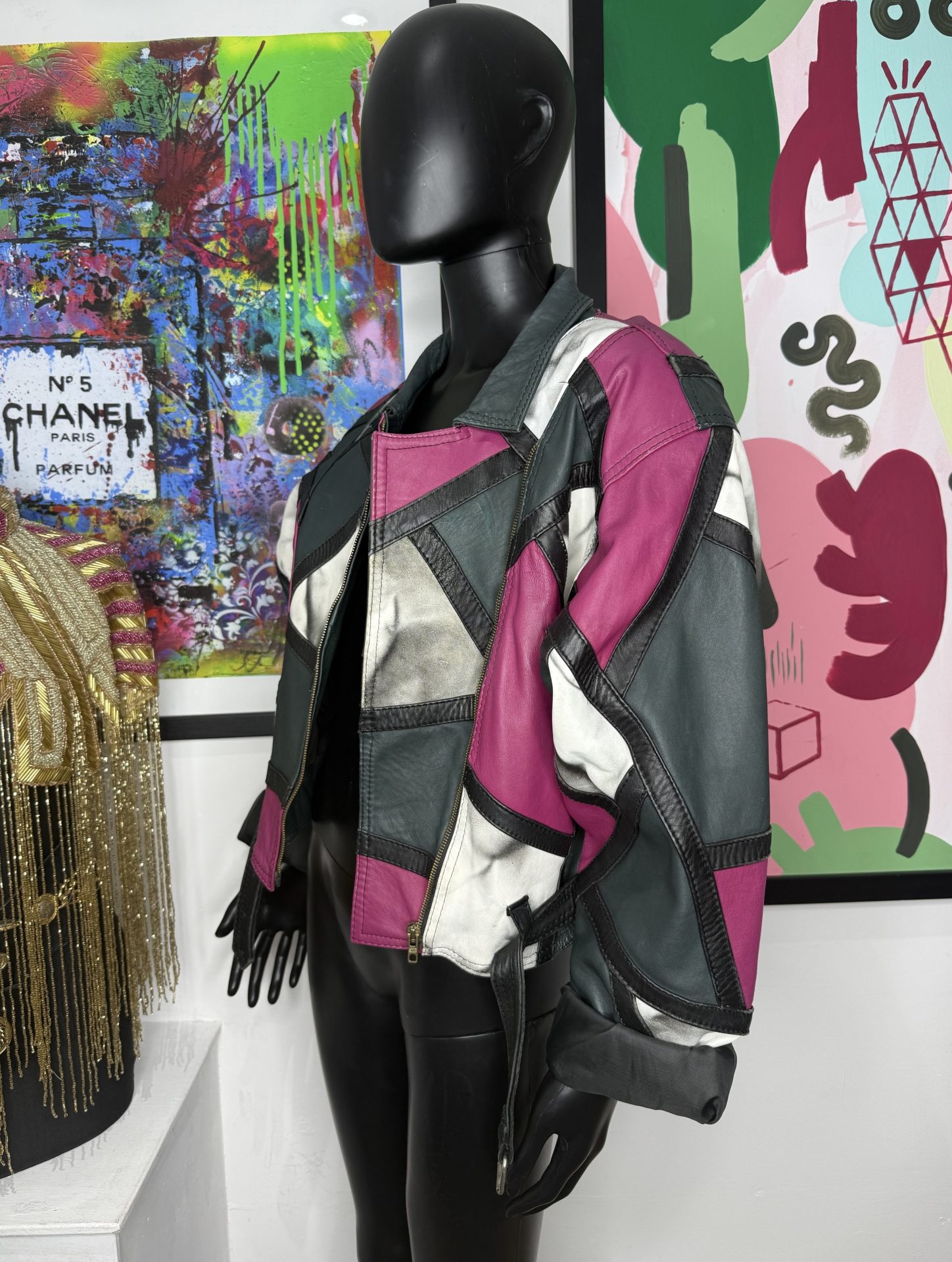 1980s Patchwork Cropped Leather Biker Jacket - Image 3