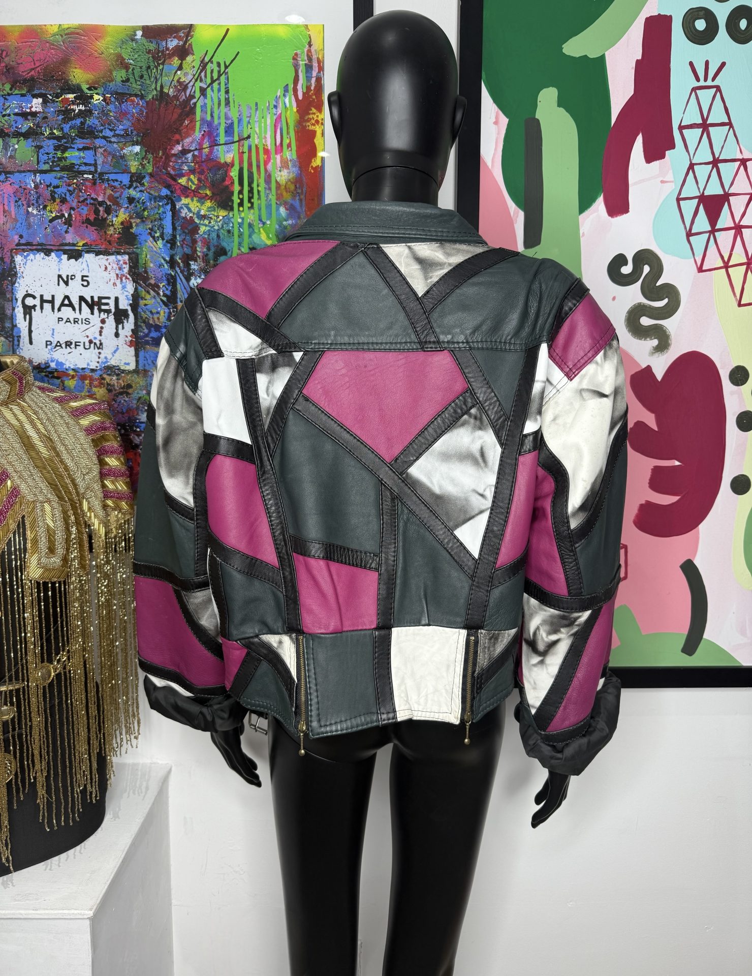 1980s Patchwork Cropped Leather Biker Jacket - Image 2