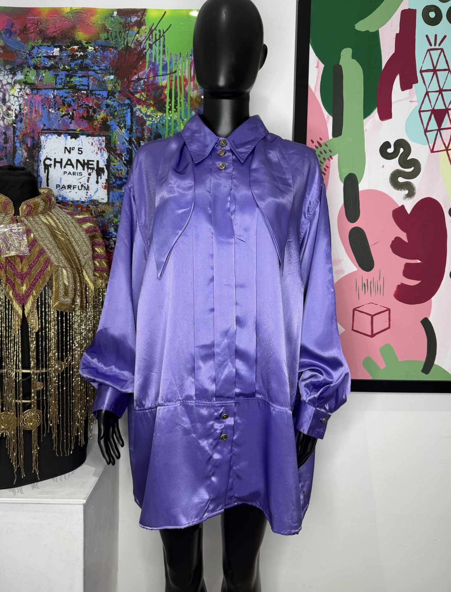 1980s Lilac Satin Oversized Blouse Dress