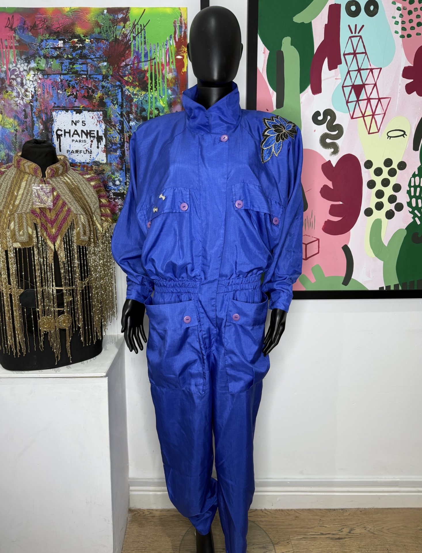 1980s Cobalt Blue Vintage Utility Jumpsuit
