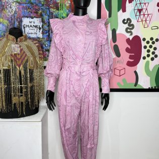GAëLLE Paris 1980s Pink Paisley Ruffle Shoulder Jumpsuit