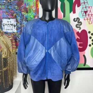 1980s Blue Suede & Leather Batwing Vintage Jacket