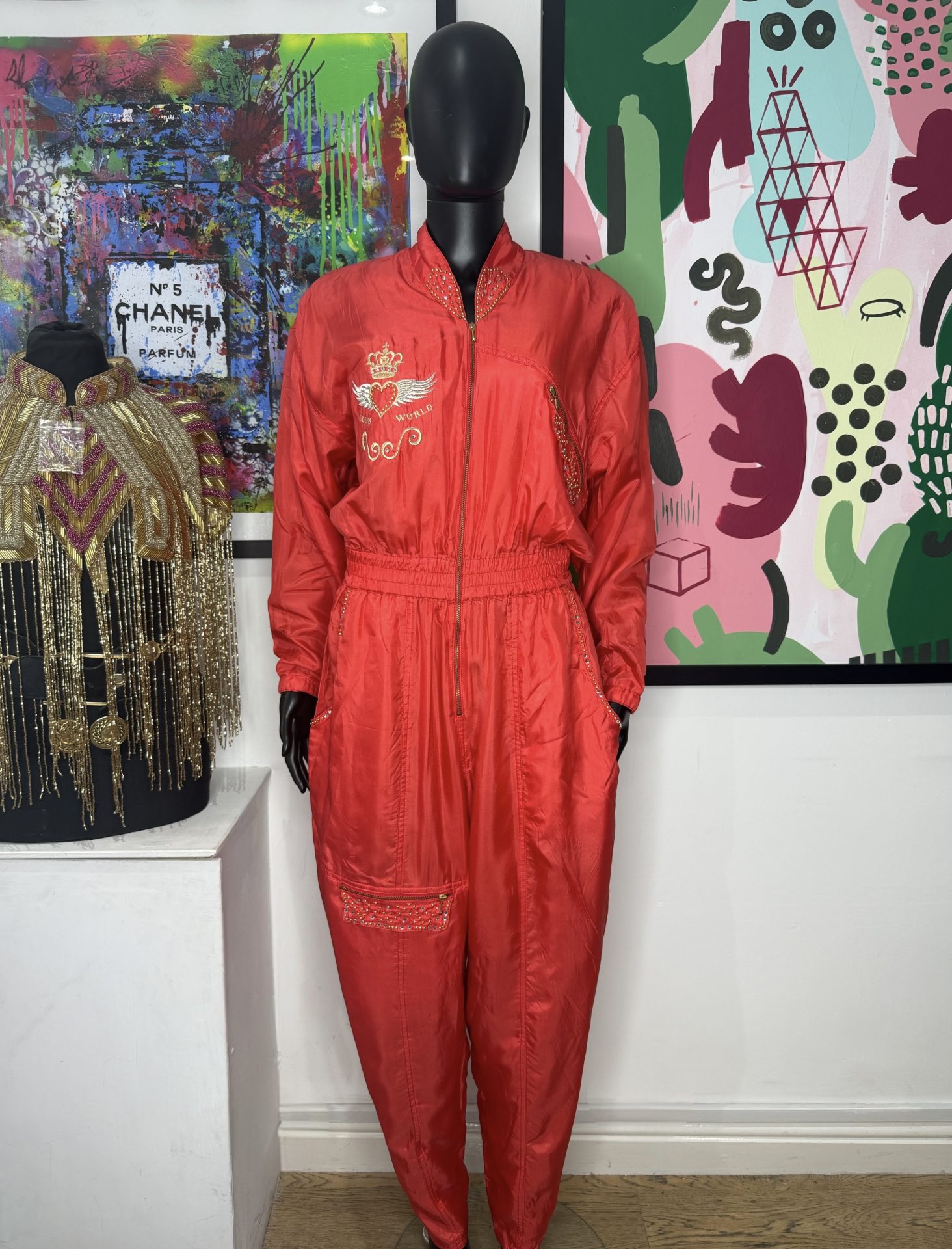 1990s Red & Gold Willys World Silk Vintage Jumpsuit