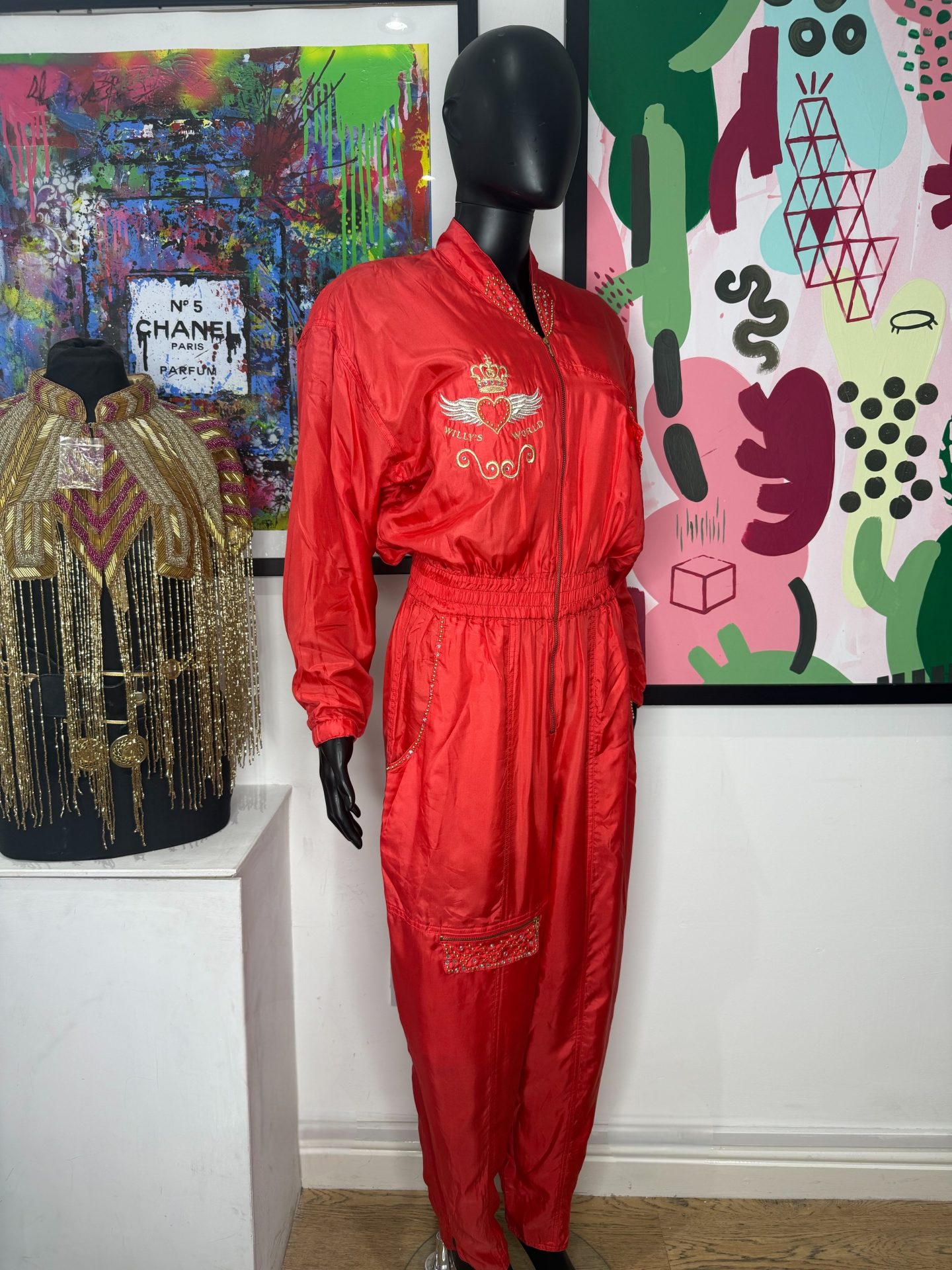 1990s Red & Gold Willys World Silk Vintage Jumpsuit - Image 3