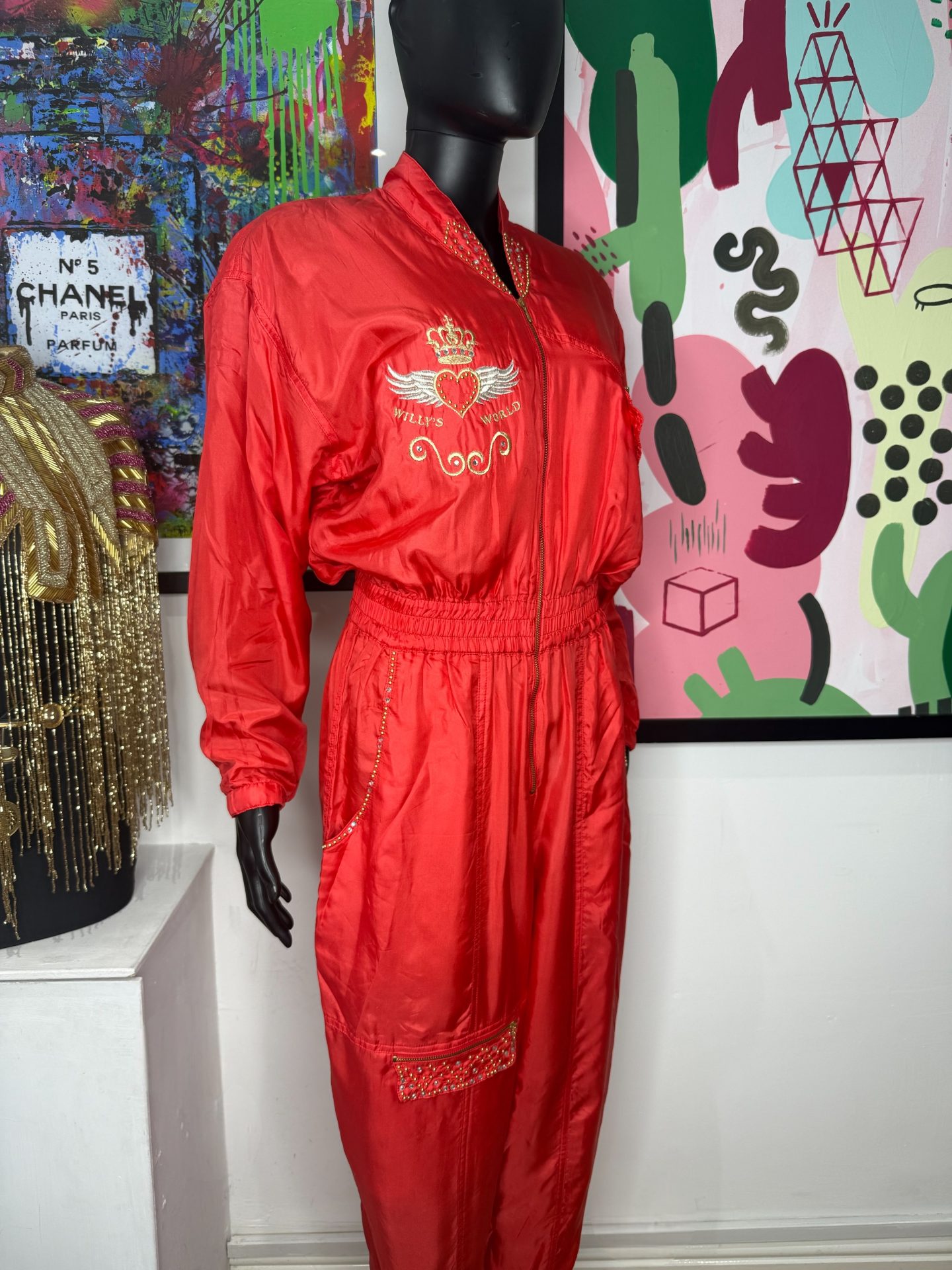 1990s Red & Gold Willys World Silk Vintage Jumpsuit - Image 4