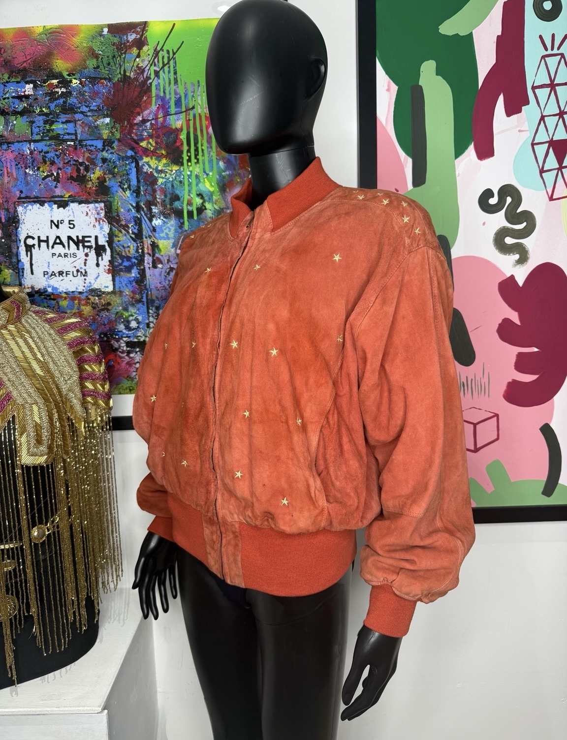 Orange & Gold 1980s Vintage Suede Star Bomber Jacket - Image 2