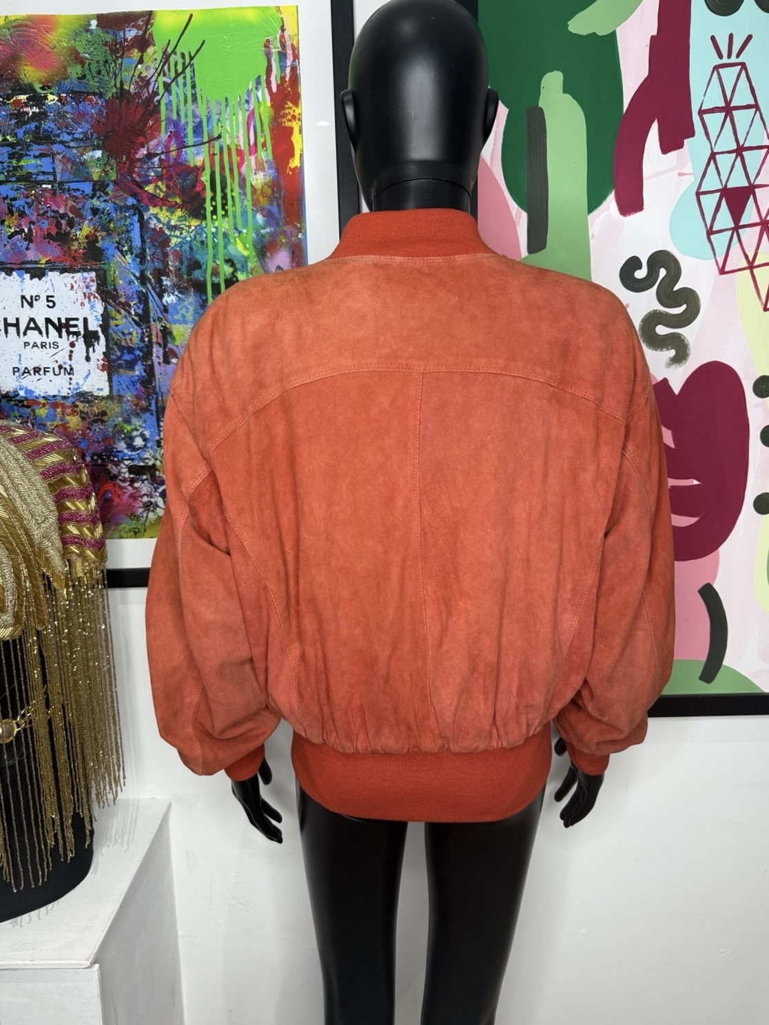 Orange & Gold 1980s Vintage Suede Star Bomber Jacket - Image 3