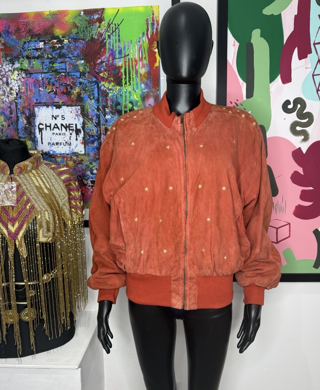 Orange & Gold 1980s Vintage Suede Star Bomber Jacket