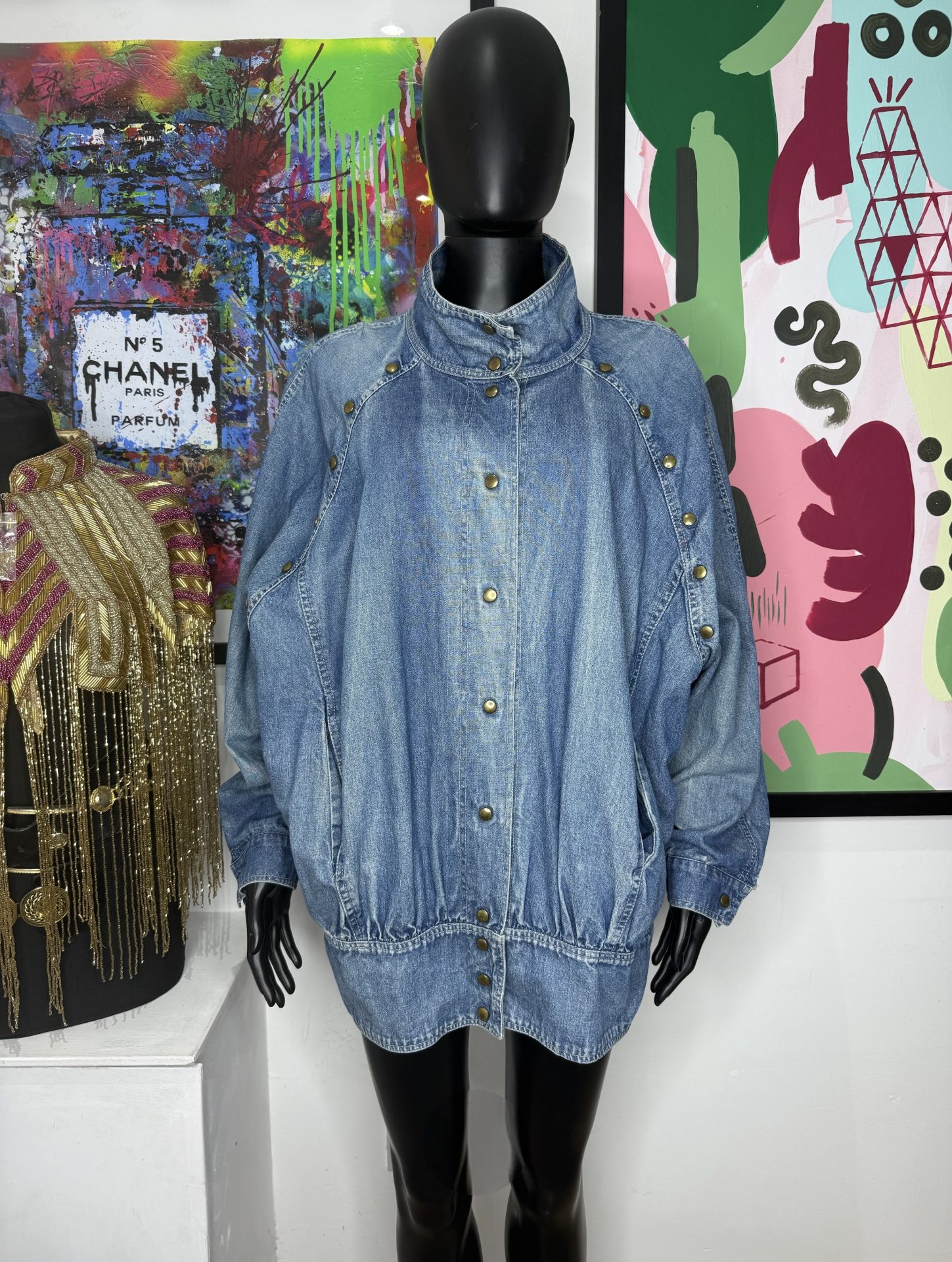 High Neck Studded Vintage Denim Jacket