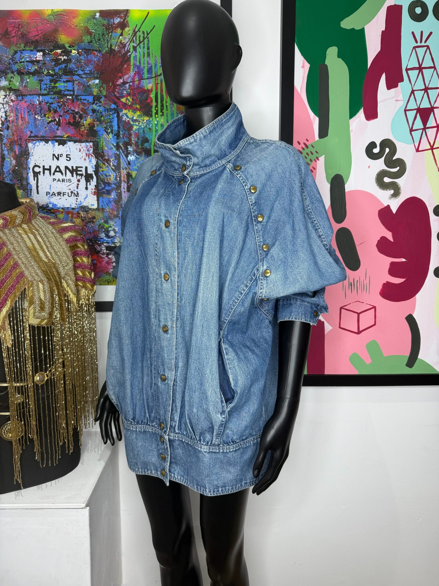 High Neck Studded Vintage Denim Jacket - Image 2
