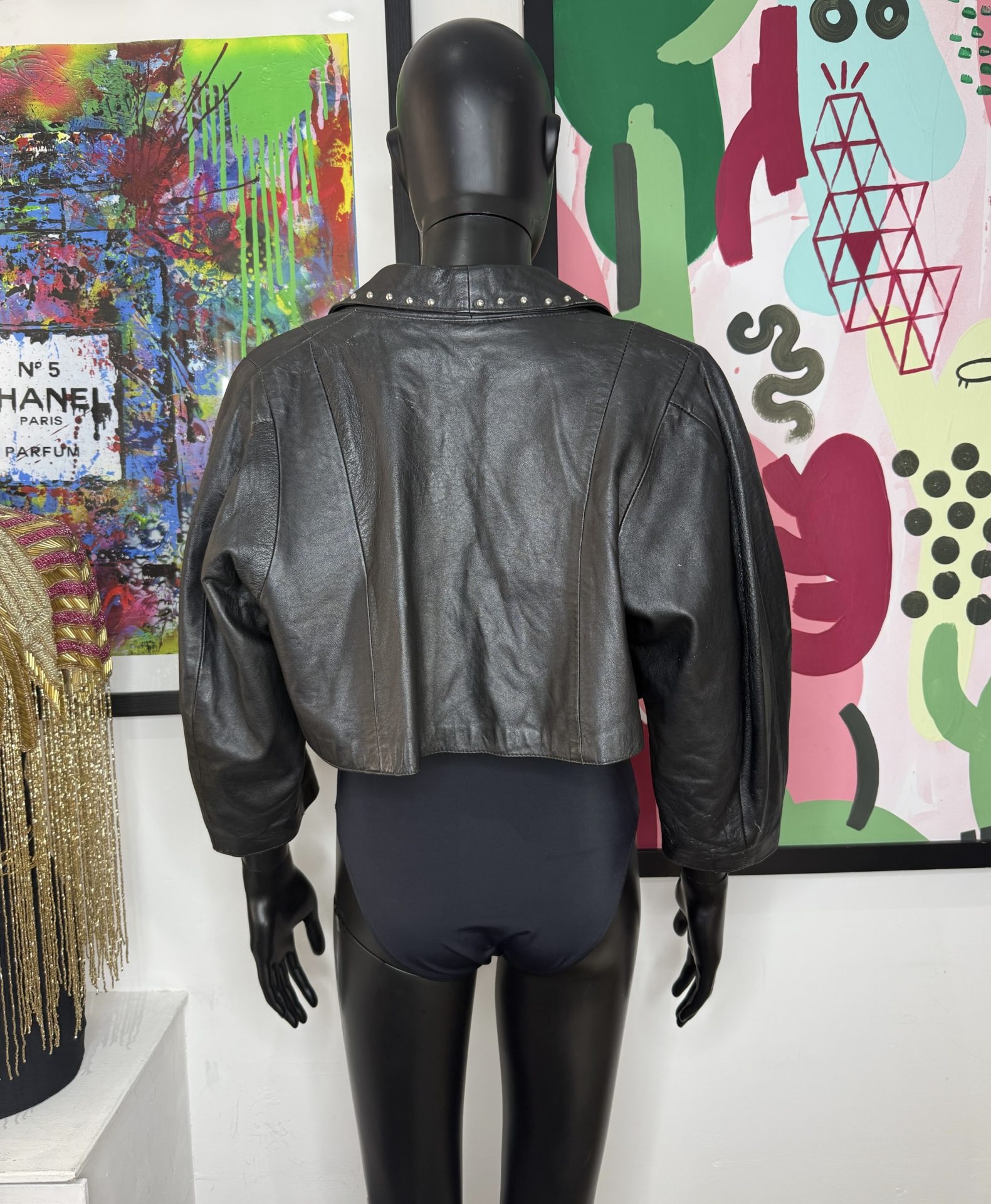 Black & Silver Stud Cropped Leather Jacket - Image 3
