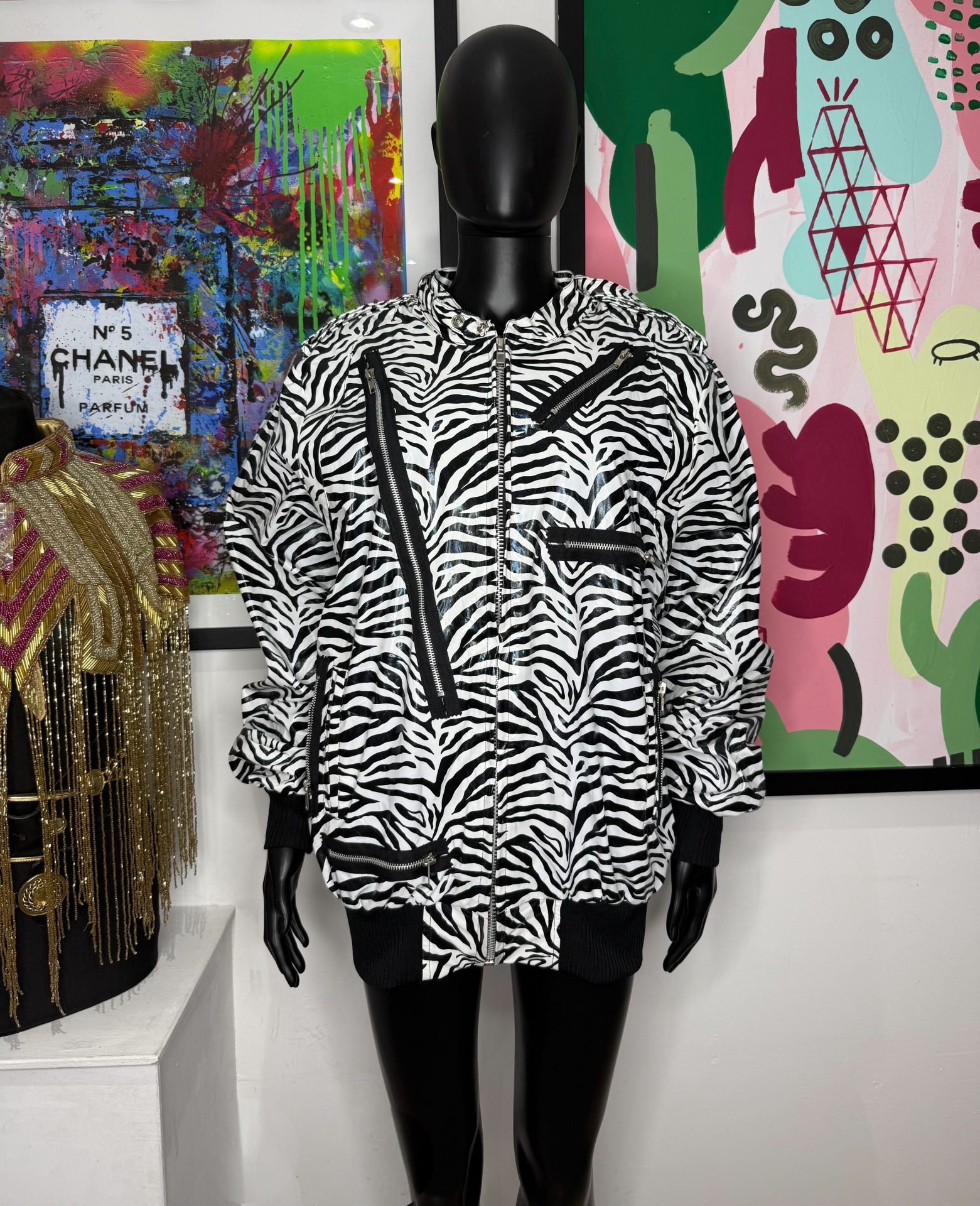 Zebra Print Biker Style Vinyl Rain Jacket