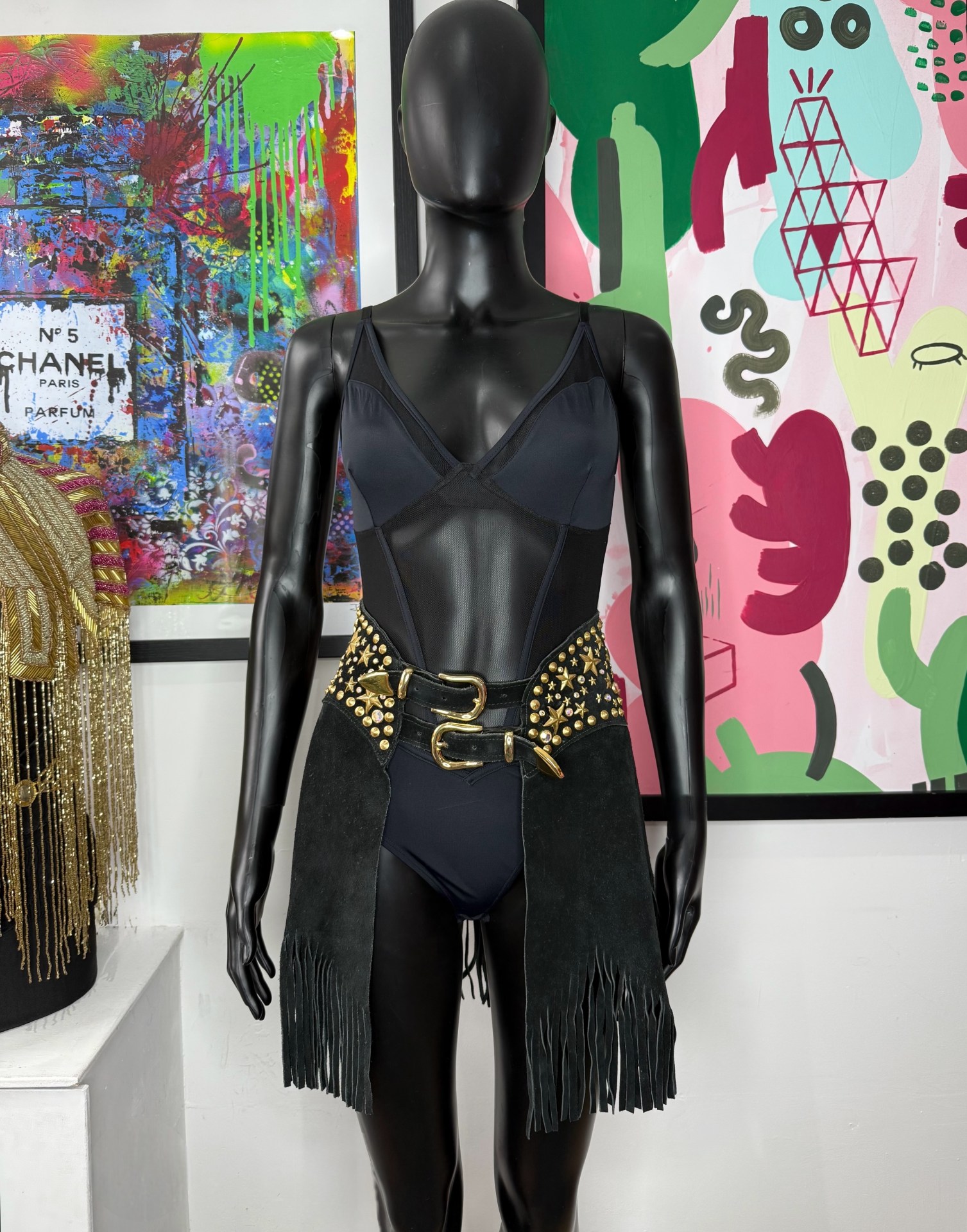 Katherine Baumann Studded Suede Fringe Skirt Belt
