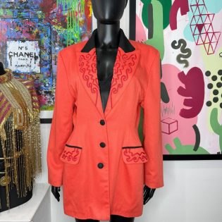 Equivogue Paris 1980s Coral & Black Embroidered Vintage Blazer