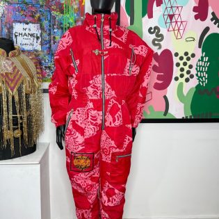 Red & Pink Leopard Print Vintage Ski Suit