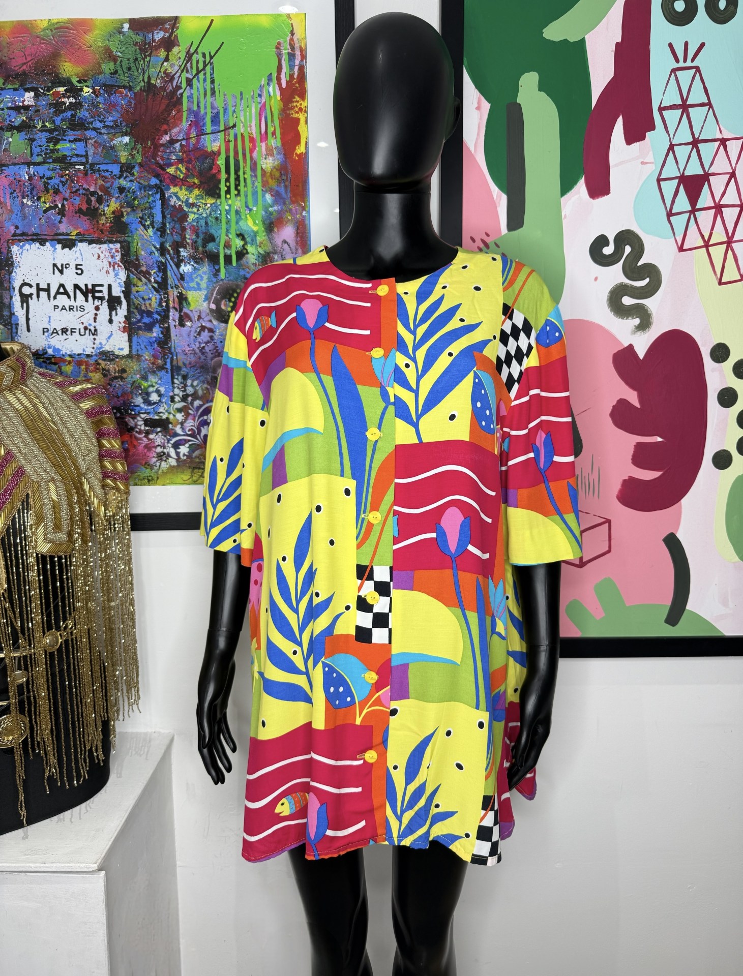 1990s Colour Block Abstract Print Shirt