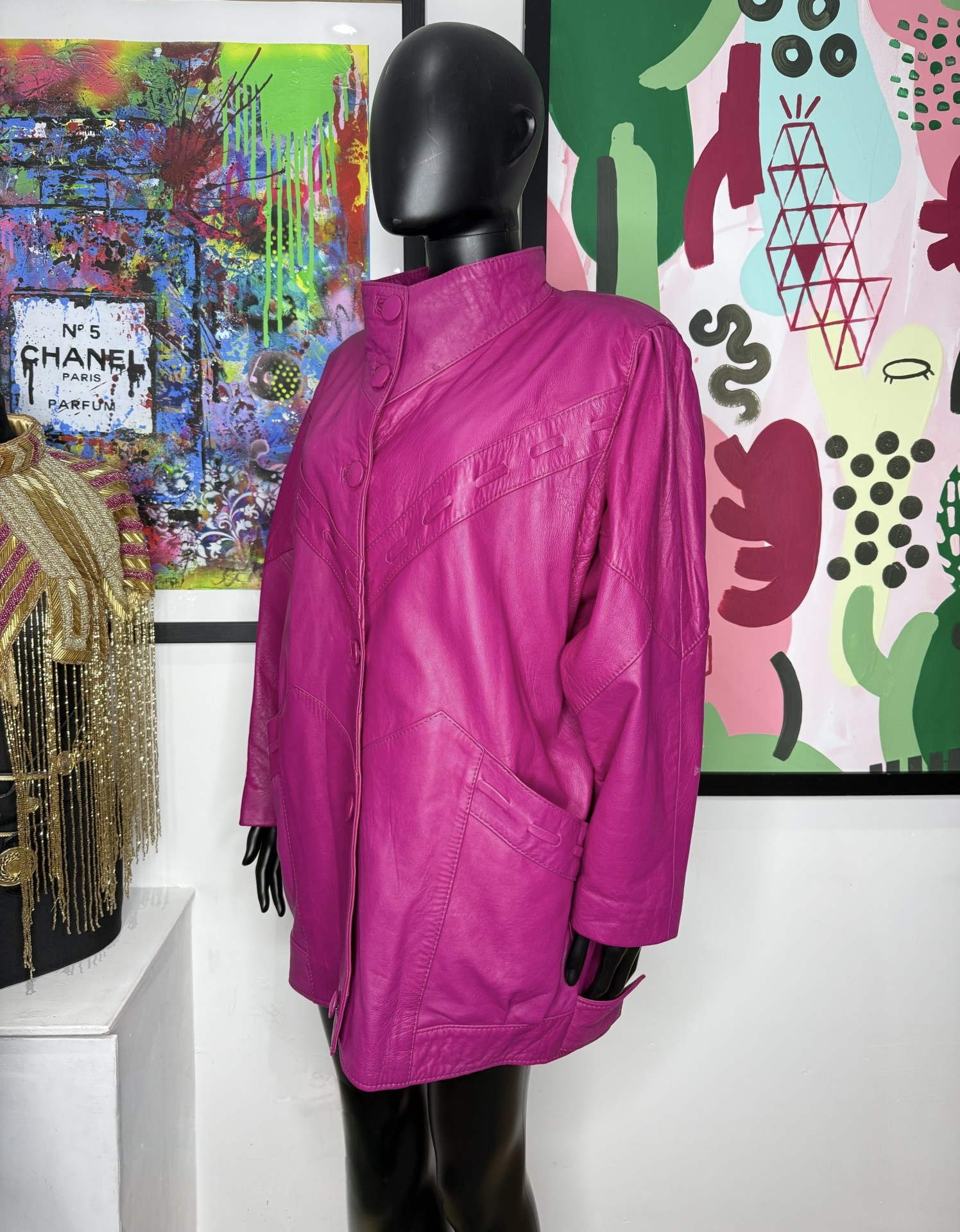 1980s Fuchsia Leather Vintage Jacket - Image 2